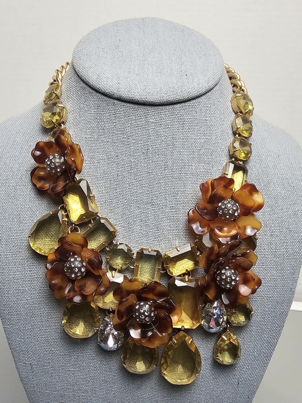 [J. Crew] Chunky Tortoise Flowers Yellow & Clear Faceted Crystal Bib Statement - Picture 9 of 16